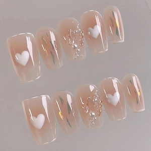 Press On Nails Long Coffin Nude Pink Gradient With Butterfly White Heart Artificial Pearl Rhinestone French Sweet Fake Nails