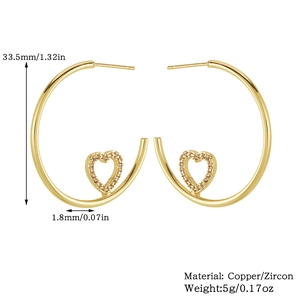 Detailed size chart of gold heart hoop earrings with copper and zircon material info