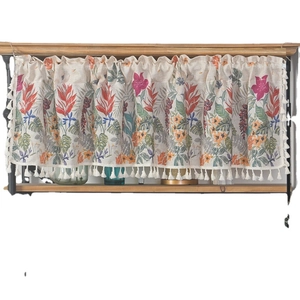 Linen blend cafe curtain with tropical floral patterns and decorative tassels