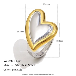 Zweifarbiger herzförmiger Edelstahlring in 18K Gold und Silber mit Maßangaben