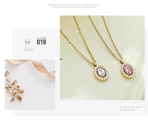 Detailed view of hollow oval pendant necklaces with pink and white zircon inlays