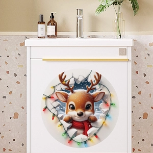 3D Christmas reindeer wall sticker with festive lights on white bathroom cabinet surface