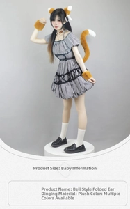Detail view of plush cat ears headband and plaid Lolita dress set with furry accessories