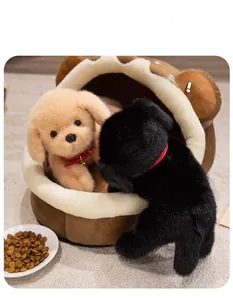 Detail of plush Labrador puppy dolls with collars and a cozy pet bed set on a soft rug