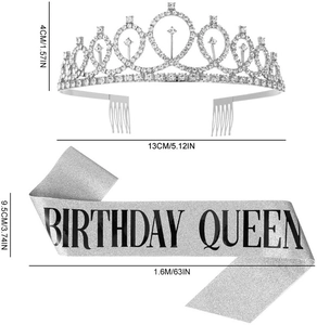 Detailed size specifications for silver Birthday Queen crown and glitter sash set