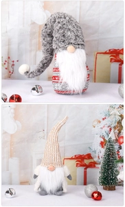 Close-up of knit Christmas gnomes with long hats and white beards on festive holiday background