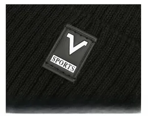 Detailed close-up of a black knit beanie featuring a PVC 'V SPORTS' patch on the cuff