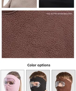 Detail of fleece windproof mask with anti-fog goggles in pink black and brown
