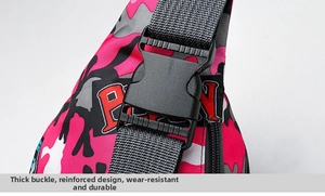 Detail of durable black buckle and reinforced nylon strap on camouflage waist bag