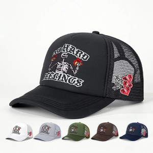 Trucker Hat Embroidered Mesh Baseball Cap No Hard Feelings Skull Flame Pattern Breathable Adjustable Strap Streetwear