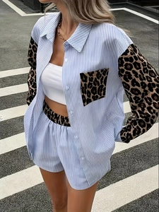 Women's casual blue striped two-piece set with leopard print sleeves and matching shorts