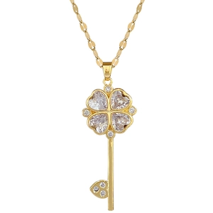 Luxurious gold flower key pendant necklace with sparkling white zircons for women