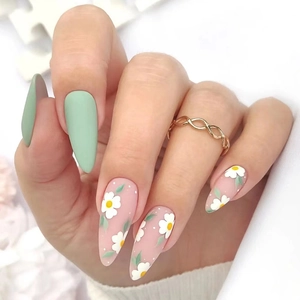 Matte Light Green Floral Press On Nails Cute Daisy Pattern Almond Shape Summer Fake Nails For Women Daily Wear Manicure Art