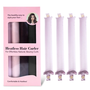 Detail of 4-piece heatless hair curler set with satin finish and snap closure in a pink box