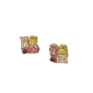 Elegant gold earrings with colorful zircon stones in pink, yellow, and purple hues