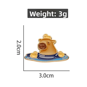 Close-up of enamel capybara pin with yellow ducks, 3.0cm x 2.0cm cute metal badge detail