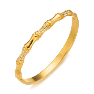 Elegant gold plated bamboo link bracelet with micro inlaid cubic zirconia for women