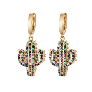 Detail view of gold cactus drop earrings featuring vibrant multicolor zircon stones