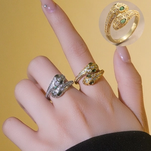 Micro-pave zircon double-headed snake open ring for women in gold and silver finishes