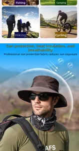 Detail of outdoor sun hat in dark coffee with camo face mask and wide brim protection