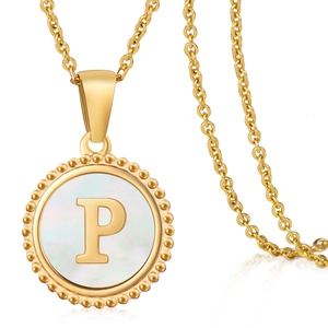 Detailed view of the 18K gold plated letter P pendant with a shimmering white shell inlay