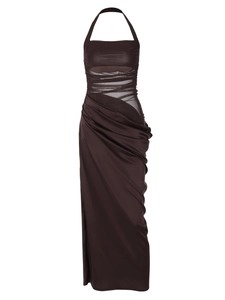 Robe longue sexy dos nu marron foncé avec empiècements en tulle et fronces chic