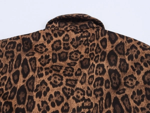 Detailed back view of leopard print faux suede fabric with wide lapel collar detail