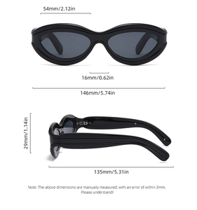 Detailed size chart for vintage cat-eye sunglasses with precise frame and lens dimensions