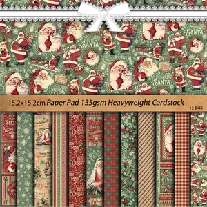 Vintage Christmas Scrapbook Paper Material Retro Santa Claus Pattern Cardstock Diy Journal Collage Decoration Arts Crafts