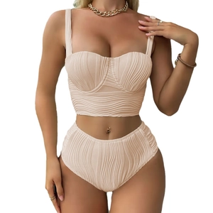 Chic beige two-piece high-waisted swimsuit with wave textured fabric and corset style top