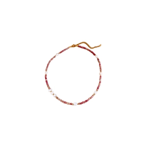 Handmade stretch bracelet with rhodochrosite beads and freshwater pearls on white background