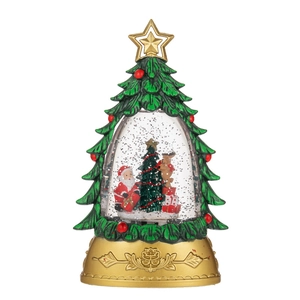 Christmas tree snow globe with Santa and reindeer on a decorative resin base