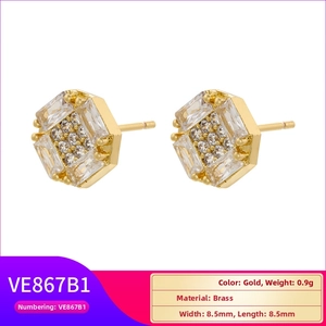 Detail of 18K gold plated brass hexagonal stud earrings with sparkling zircon stones