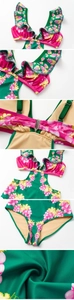 Detail view of girls' one-piece swimsuit featuring floral print, ruffles, and cutout design