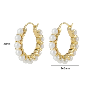 Detailed view of gold pearl hoop earrings measuring 25mm by 26.3mm with dimensions