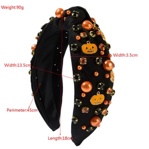 Halloween Haarreif mit Knoten, orangefarbenen Perlen, Kürbis-Dekor und Größenangaben