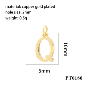 Detail of 10mm gold-plated copper letter Q pendant with precise dimensions and weight