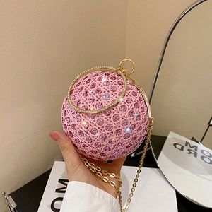 Borsa Da Sera Sferica Da Donna Pochette Rotonda Con Strass Luccicanti Manico Ad Anello In Metallo E Catena