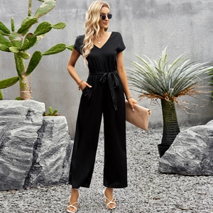Elegant black V-neck short sleeve jumpsuit with belted waist and wide-leg trousers