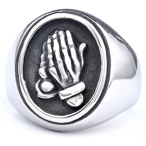 Polished stainless steel signet ring featuring a vintage gothic praying skeleton hands relief