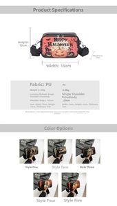 Detailed size chart for Halloween small square bag with 19x12x7cm PU leather dimensions