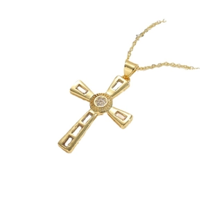 Cross pendant necklace in 14K gold plated copper with micro-inlaid zircon stones