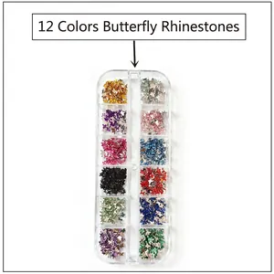 Close-up of 12-color butterfly nail art sequins organized in a clear 12-grid storage box