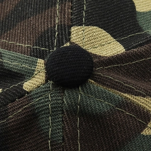 Macro shot of camouflage fabric texture and top button on a hip-hop baseball cap