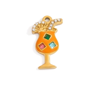Detailed cocktail glass pendant in gold with orange enamel and vibrant rhinestones