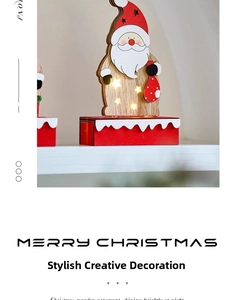 Close-up of wooden Santa Claus desktop decor with warm LED star lights for Christmas