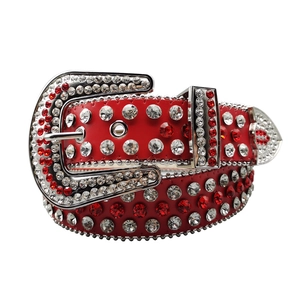 Fashion punk red leather belt with sparkling rhinestones and a large western buckle