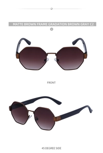 Front and 45-degree angle of octagonal matte brown sunglasses with gradient lenses