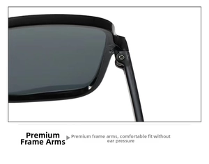 Close-up of durable metal hinge on black oversized square fashion sunglasses