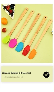Detailed view of 5-piece colorful silicone spatulas with natural beech wood handles